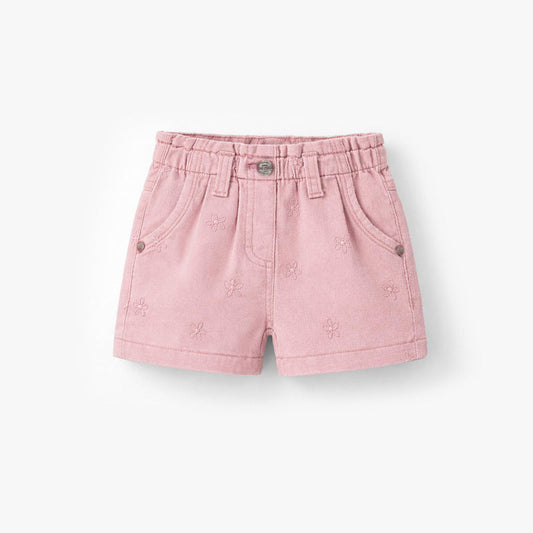 Embroidered Flower Denim Shorts - Pink