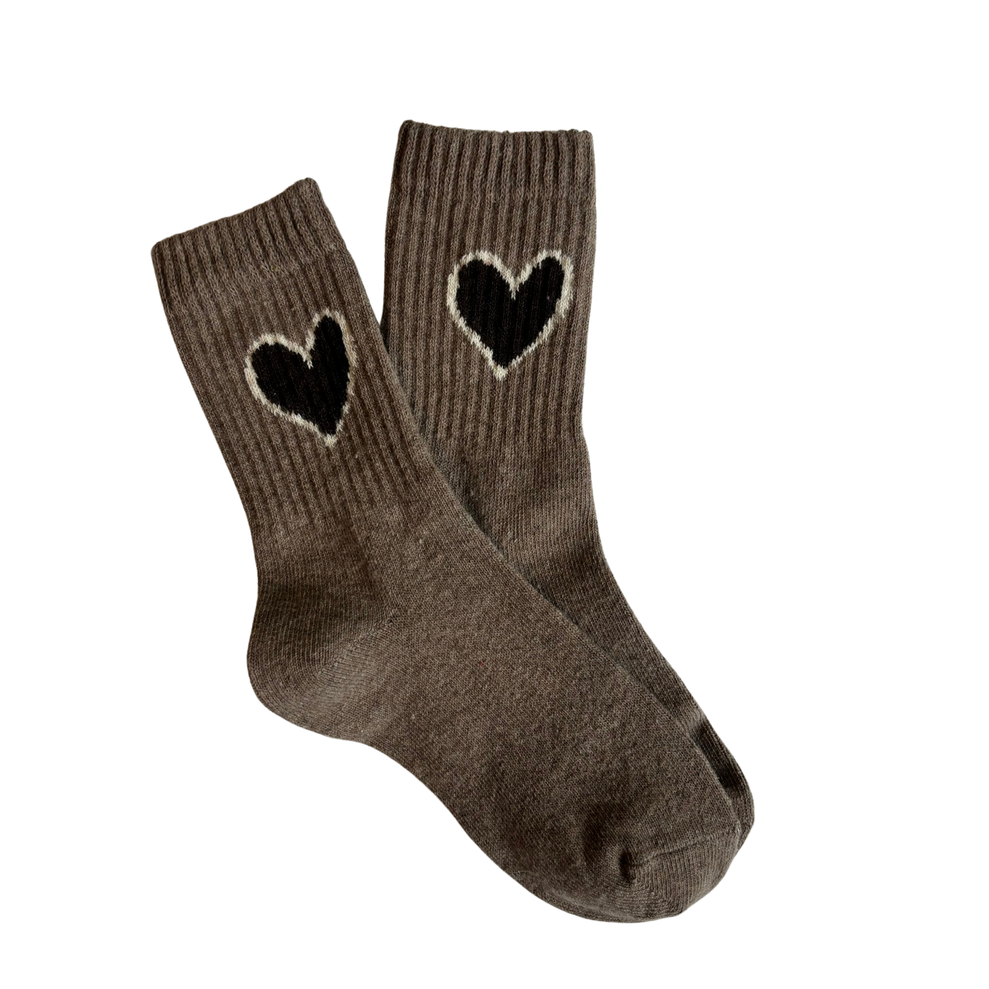 Ribbed Heart Tube Socks - Mocha