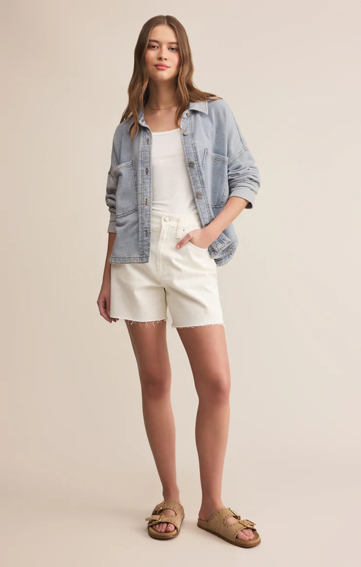 All Day Cropped Knit Denim Jacket - Washed Indigo