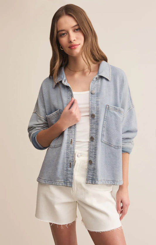 All Day Cropped Knit Denim Jacket - Washed Indigo