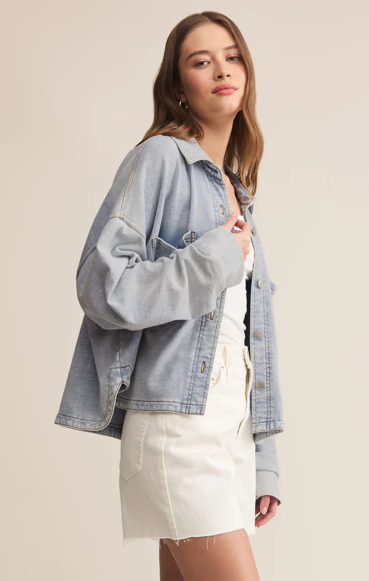 All Day Cropped Knit Denim Jacket - Washed Indigo