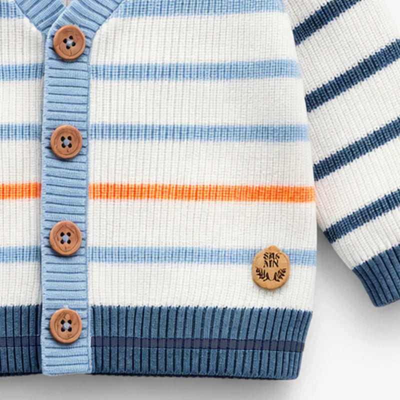White Knit Cardigan - Blue Stripes