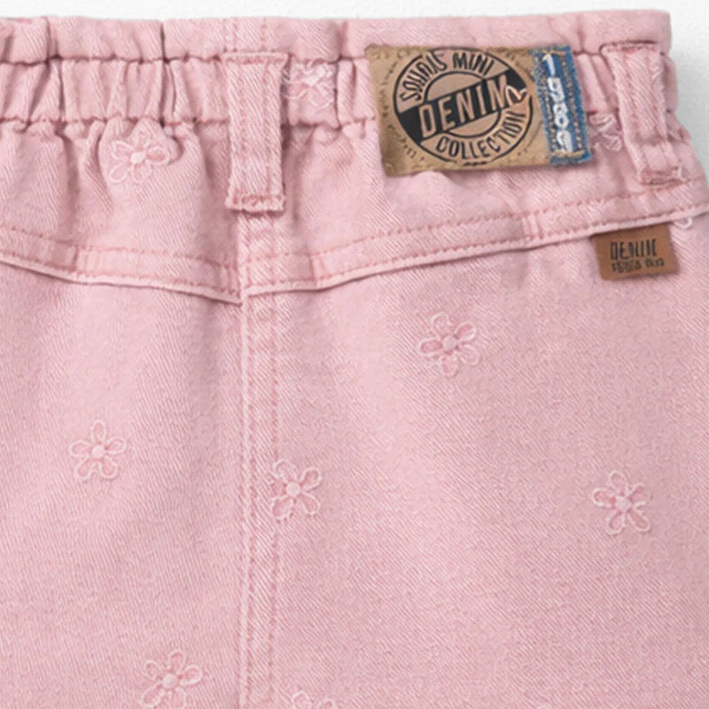 Embroidered Flower Denim Shorts - Pink