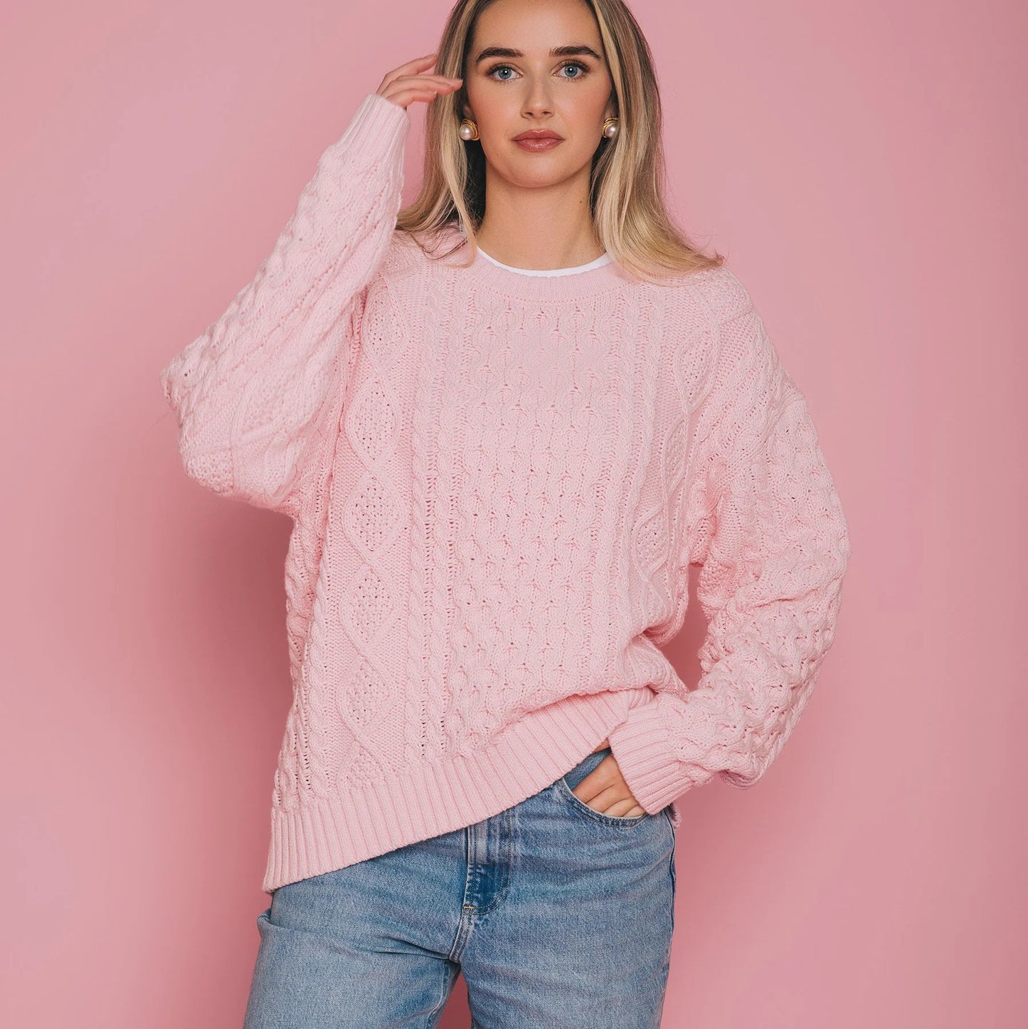 Irish Cable Knit Sweater - Pink