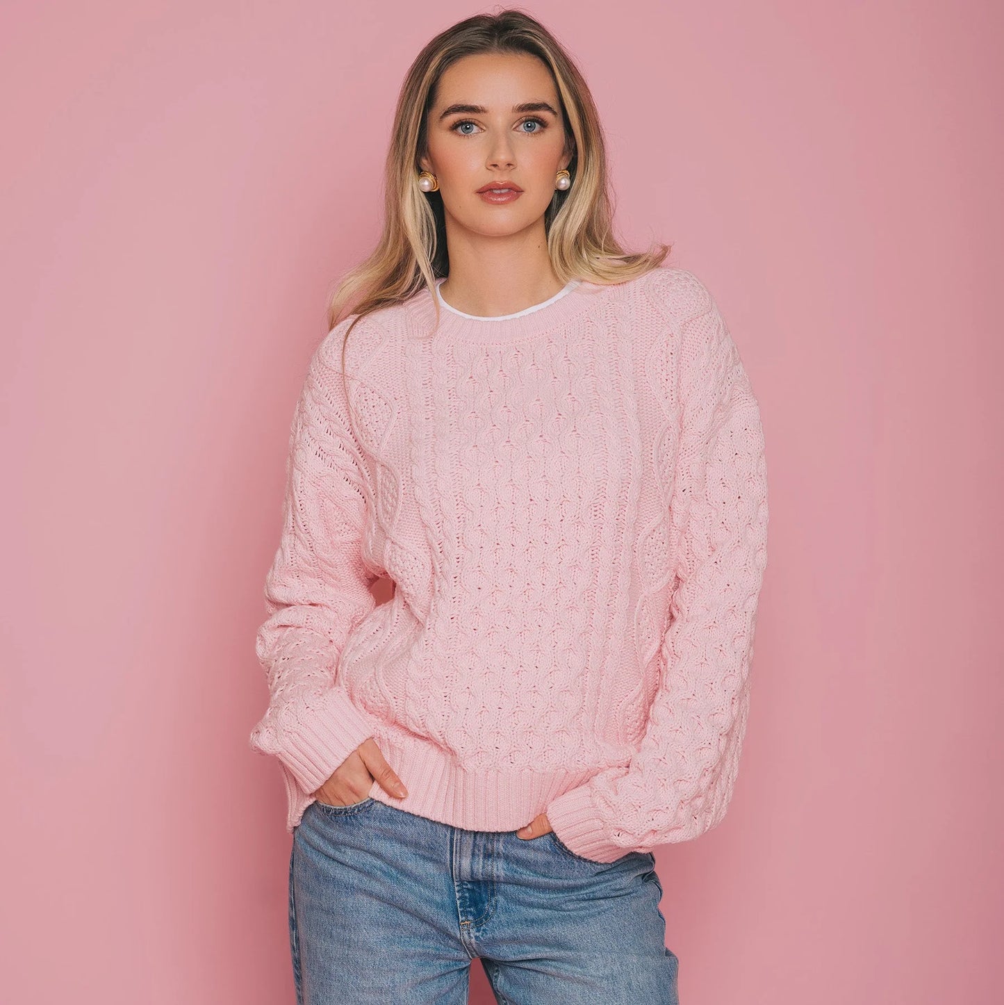 Irish Cable Knit Sweater - Pink