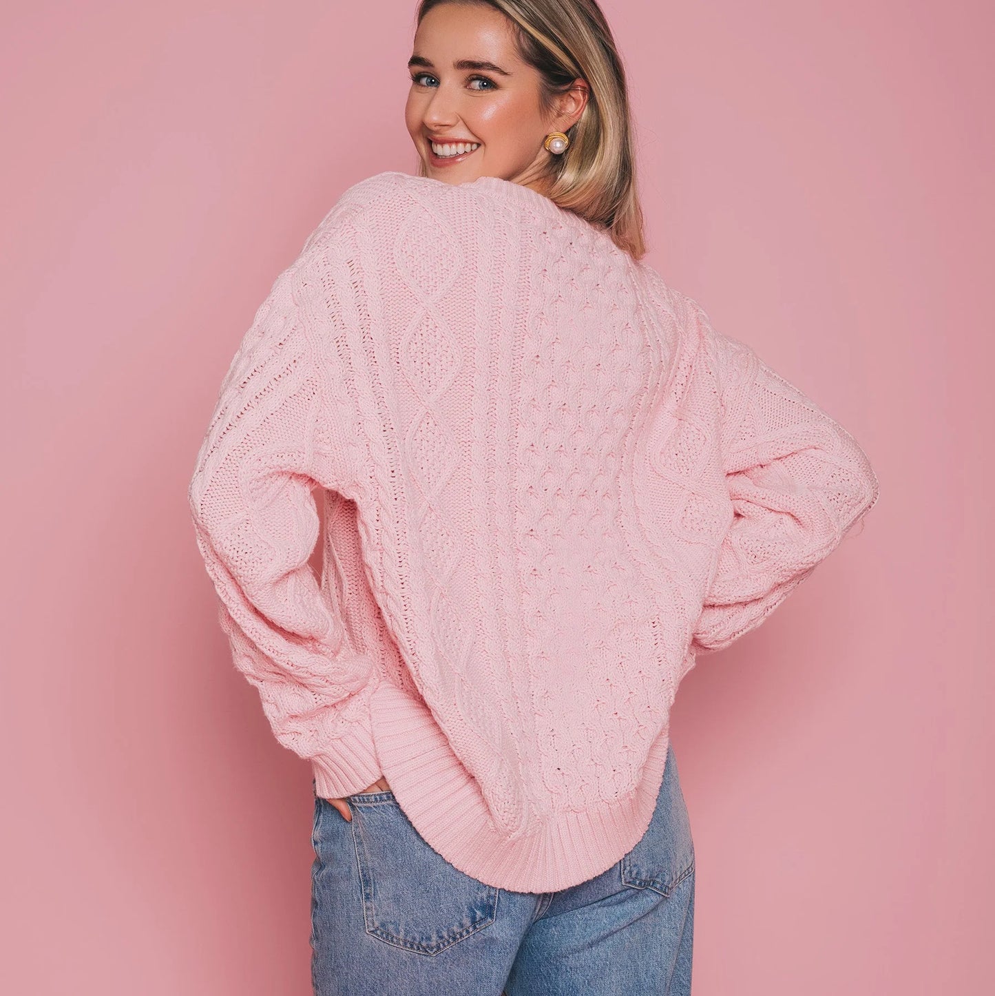 Irish Cable Knit Sweater - Pink