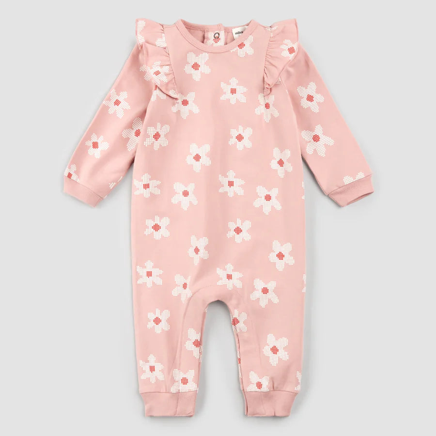 Organic Cotton Playsuit - Pixelated Daisies on Rose