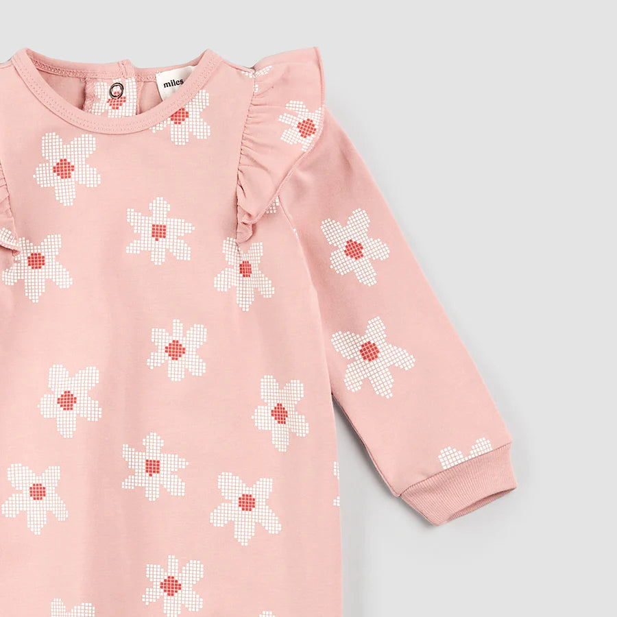 Organic Cotton Playsuit - Pixelated Daisies on Rose