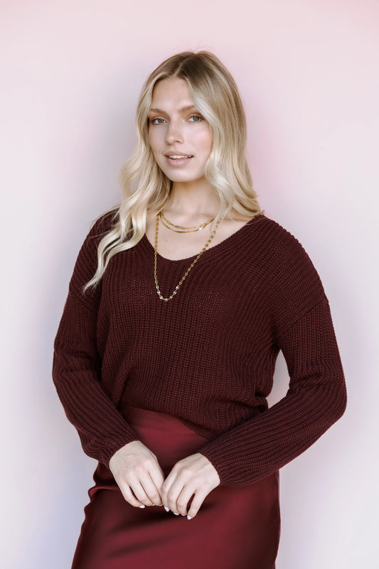 Spencer V-Neck Knit Sweater - Merlot