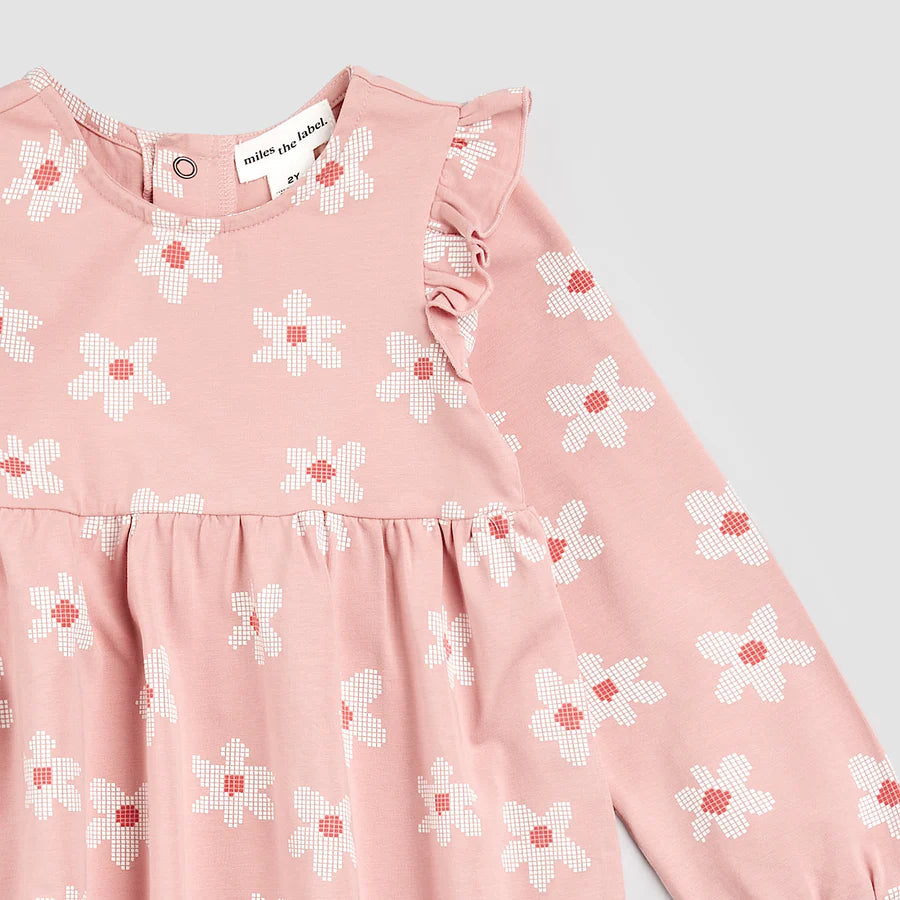 Organic Cotton Ruffle Dress - Pixelated Daisy on Rose