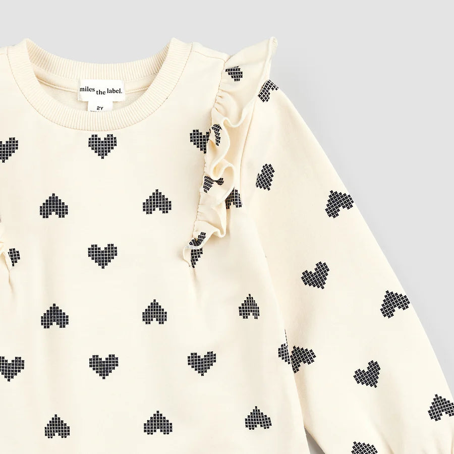 Organic Cotton Ruffle Dress - Pixelated Hearts on Birch