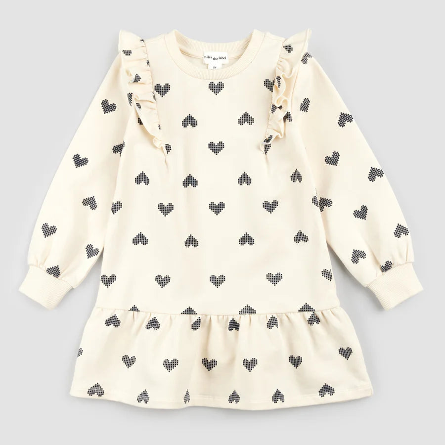 Organic Cotton Ruffle Dress - Pixelated Hearts on Birch