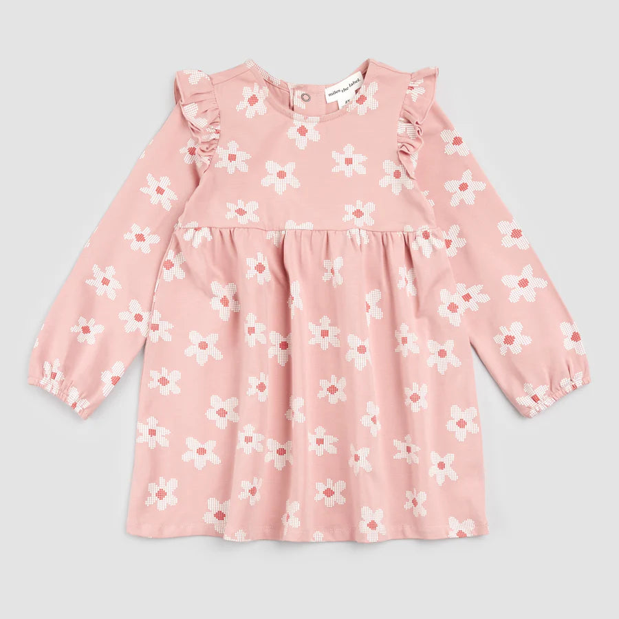 Organic Cotton Ruffle Dress - Pixelated Daisy on Rose