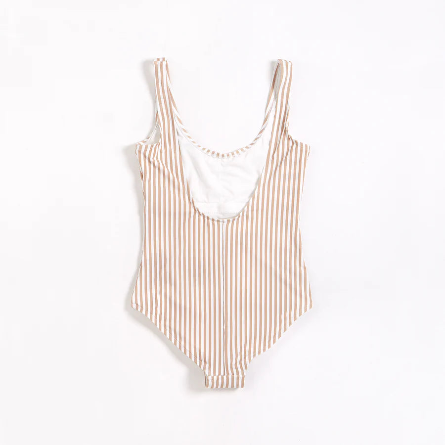 Ladies One-Piece Swimsuit - Taupe Stripes