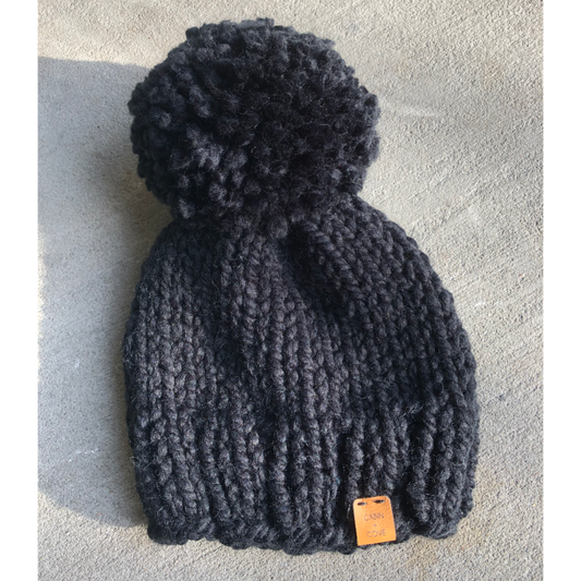 Chunky Knit Toque with Oversized Pom - Black