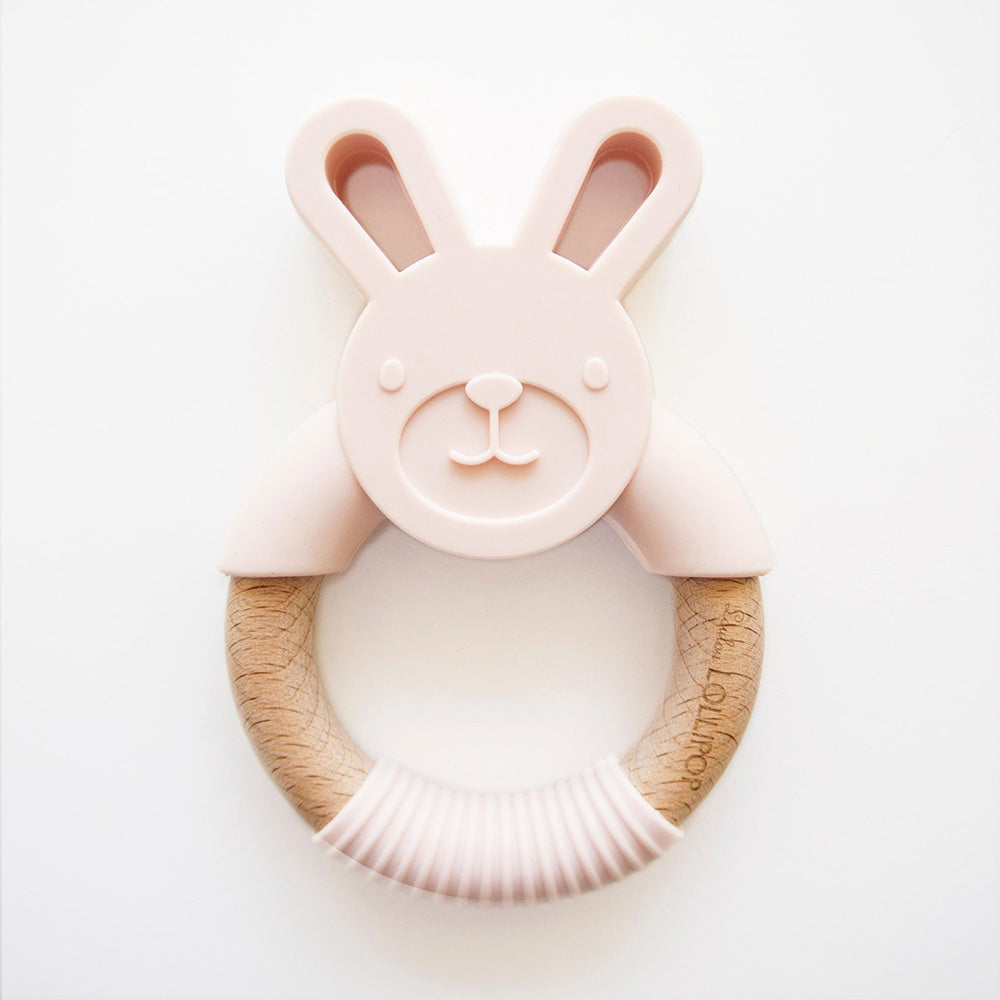 Bunny Silicone and Wood Teether Ring - Pink